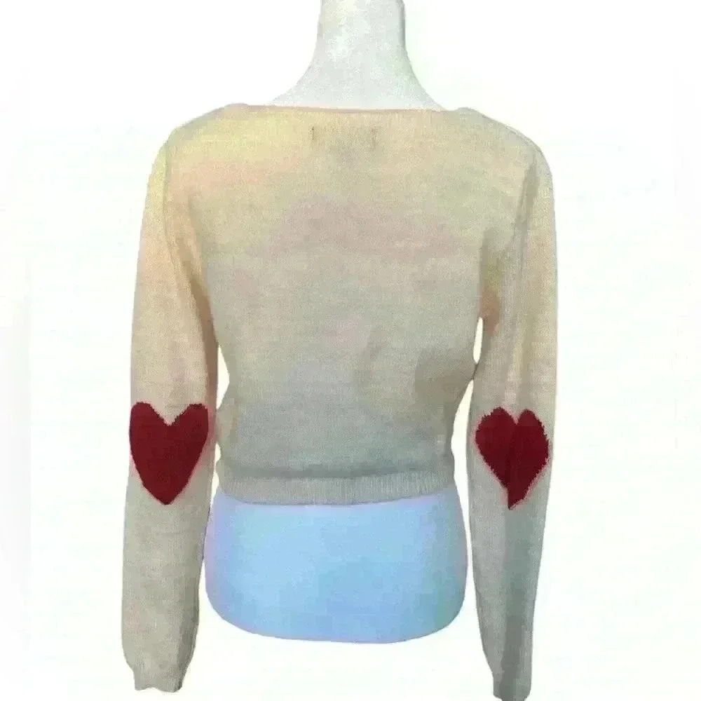 Witty Fox Pink Adjustable Ruch Front Tie Long Sleeve Hearts Sweater. Size Small